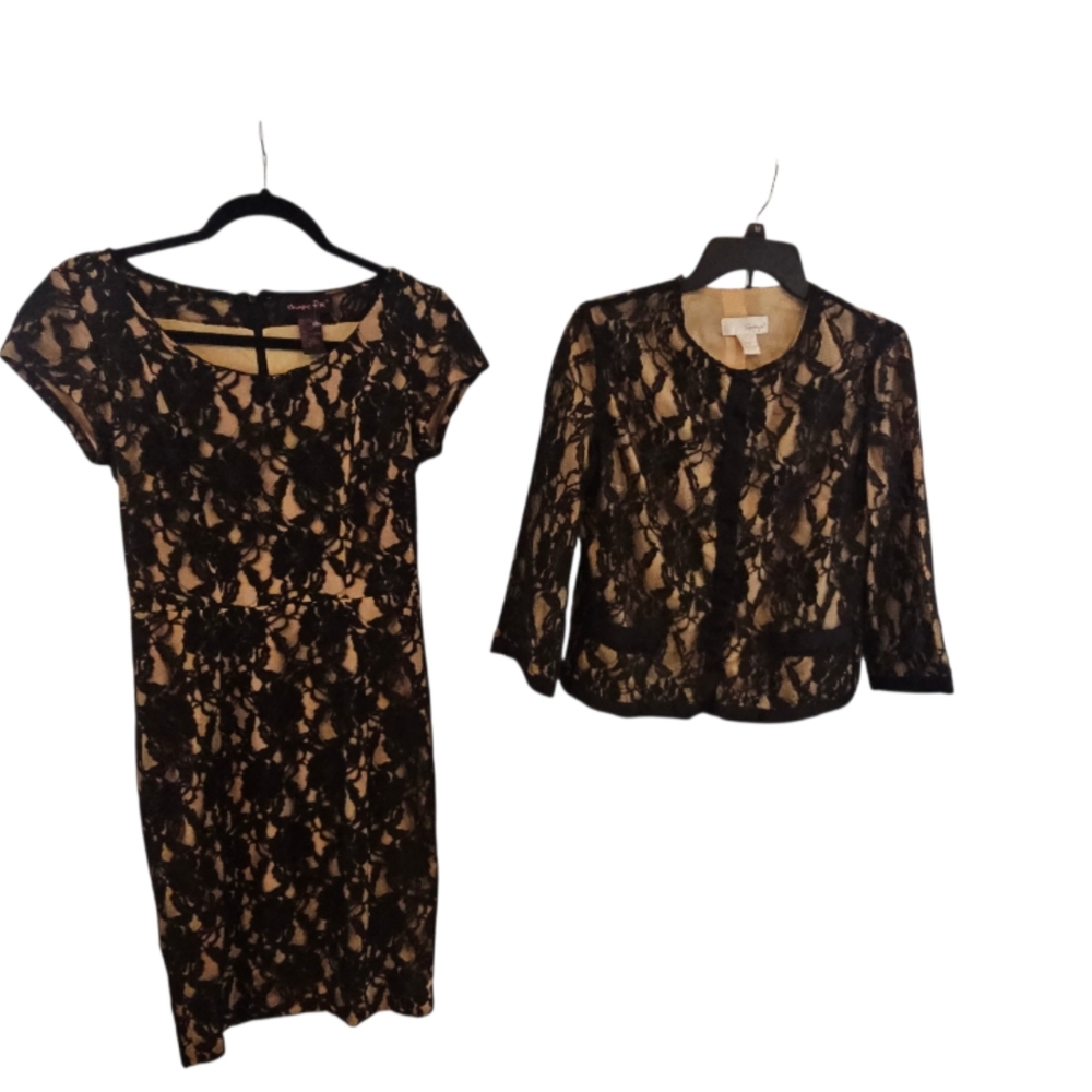 Spiegel Size 4 Black and Cream Lace 2 Piece Set Dress Blazer Jacket Cocktail